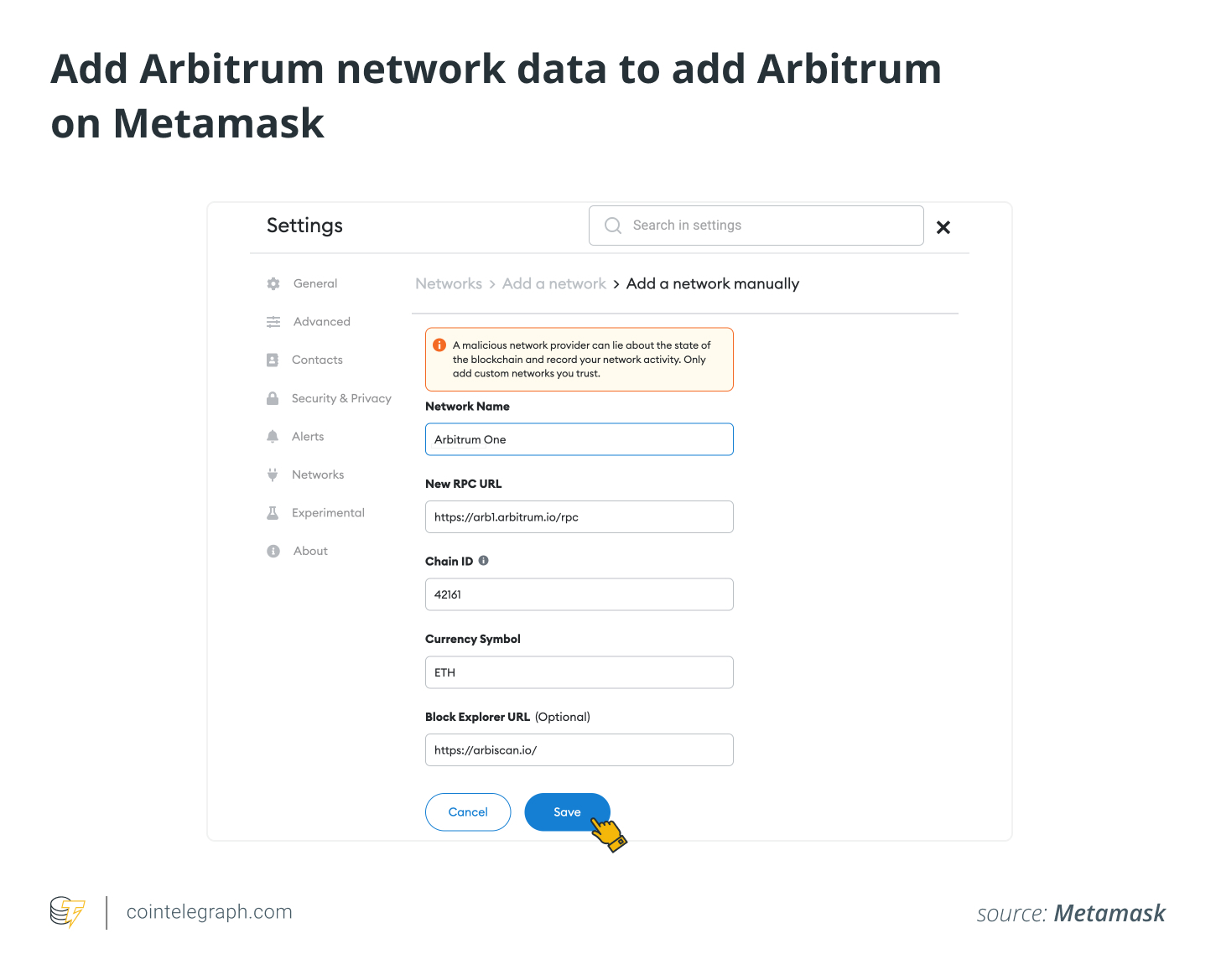 داده های شبکه Arbitrum را برای اضافه کردن Arbitrum به Metamask اضافه کنید.
