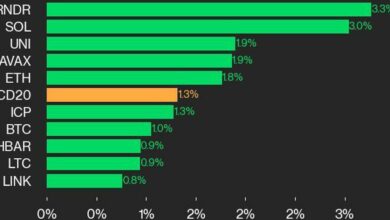 به‌روزرسانی عملکرد CoinDesk 20: شاخص درایو RNDR و SOL 1.3٪ افزایش یافت