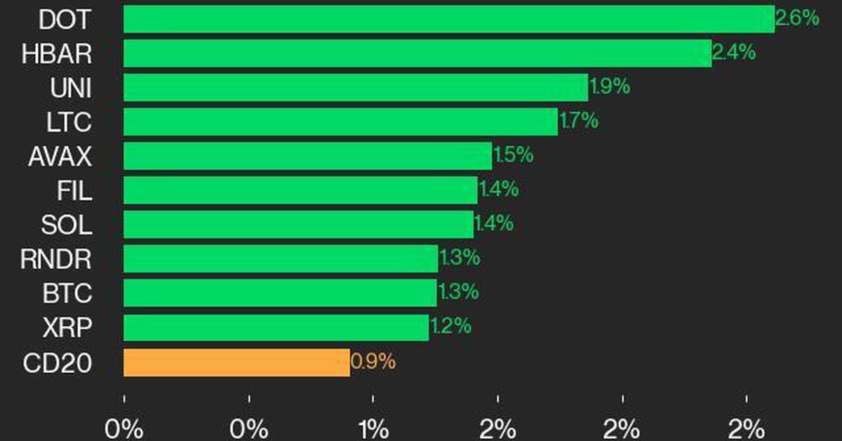 به‌روزرسانی عملکرد CoinDesk 20: با افزایش ۰.۹ درصدی شاخص، DOT و HBAR بهتر عمل می‌کنند.