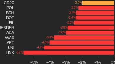 به‌روزرسانی عملکرد CoinDesk 20: با کاهش تقریباً همه مؤلفه‌های شاخص، LINK 5.7 درصد سقوط می‌کند.